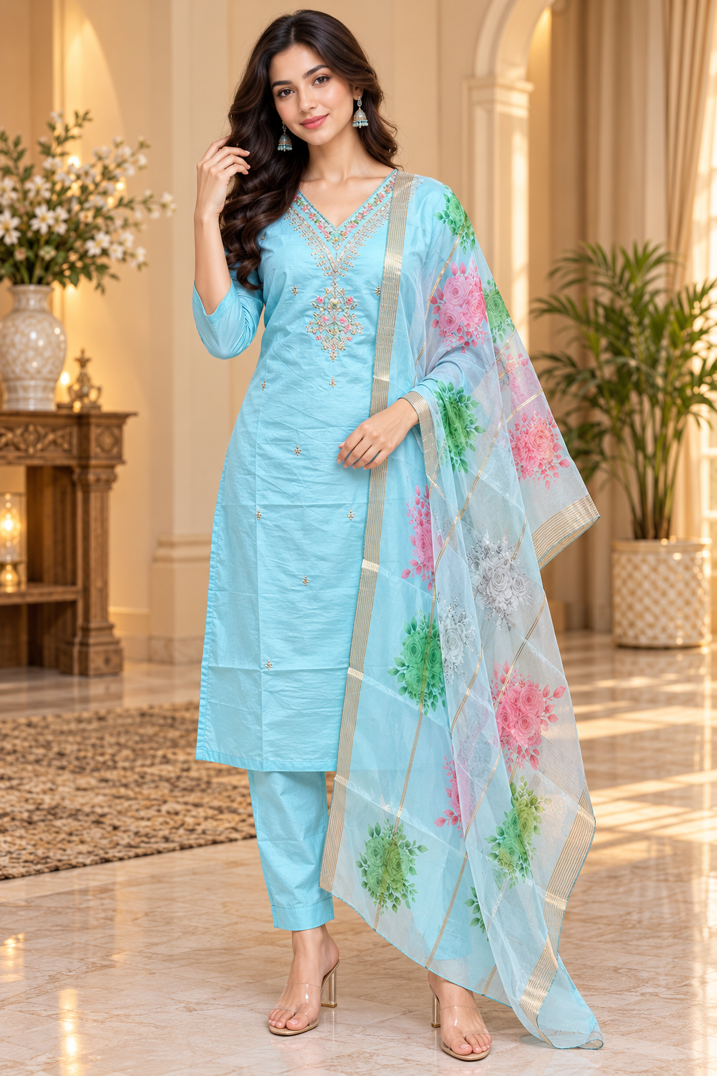 Sky Blue Roman Silk 3-Piece Embroidered Suit Set with Floral Dupatta