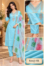 Sky Blue Roman Silk 3-Piece Embroidered Suit Set with Floral Dupatta