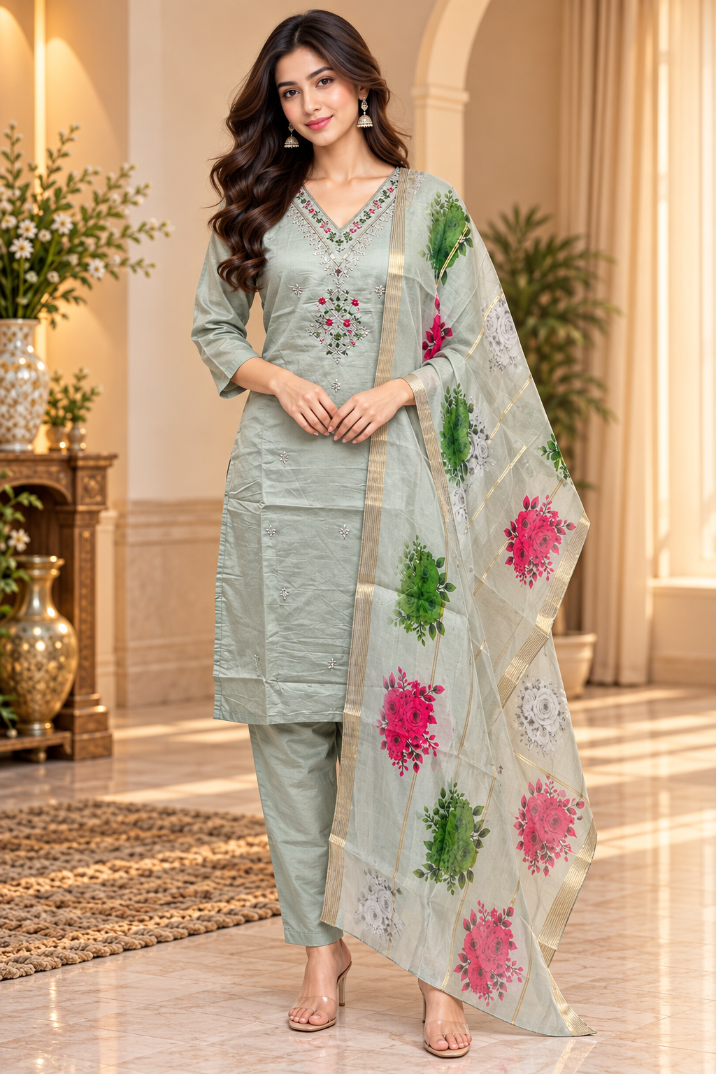 Sage Green Roman Silk 3-Piece Embroidered Suit Set with Floral Dupatta