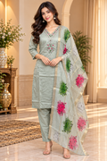 Sage Green Roman Silk 3-Piece Embroidered Suit Set with Floral Dupatta