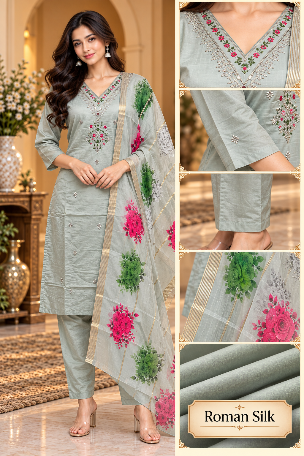 Sage Green Roman Silk 3-Piece Embroidered Suit Set with Floral Dupatta