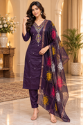 Deep Plum Roman Silk 3-Piece Embroidered Suit Set with Floral Dupatta