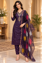 Deep Plum Roman Silk 3-Piece Embroidered Suit Set with Floral Dupatta