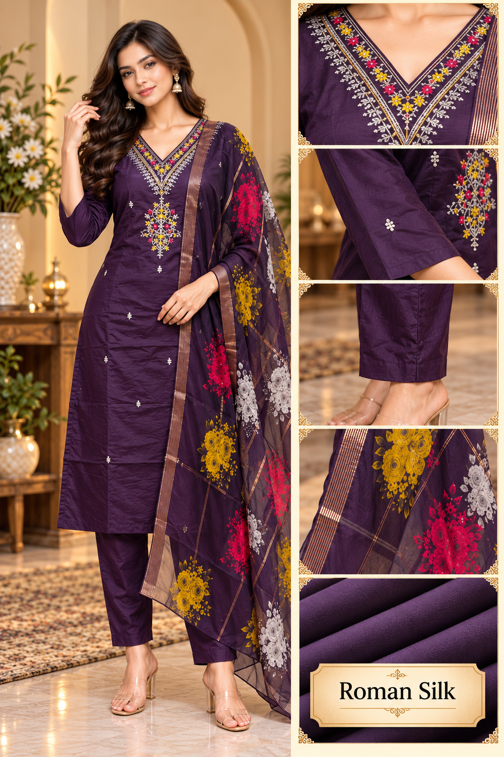 Deep Plum Roman Silk 3-Piece Embroidered Suit Set with Floral Dupatta