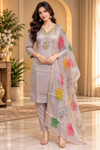Mauve Grey Roman Silk 3-Piece Embroidered Suit Set with Floral Dupatta