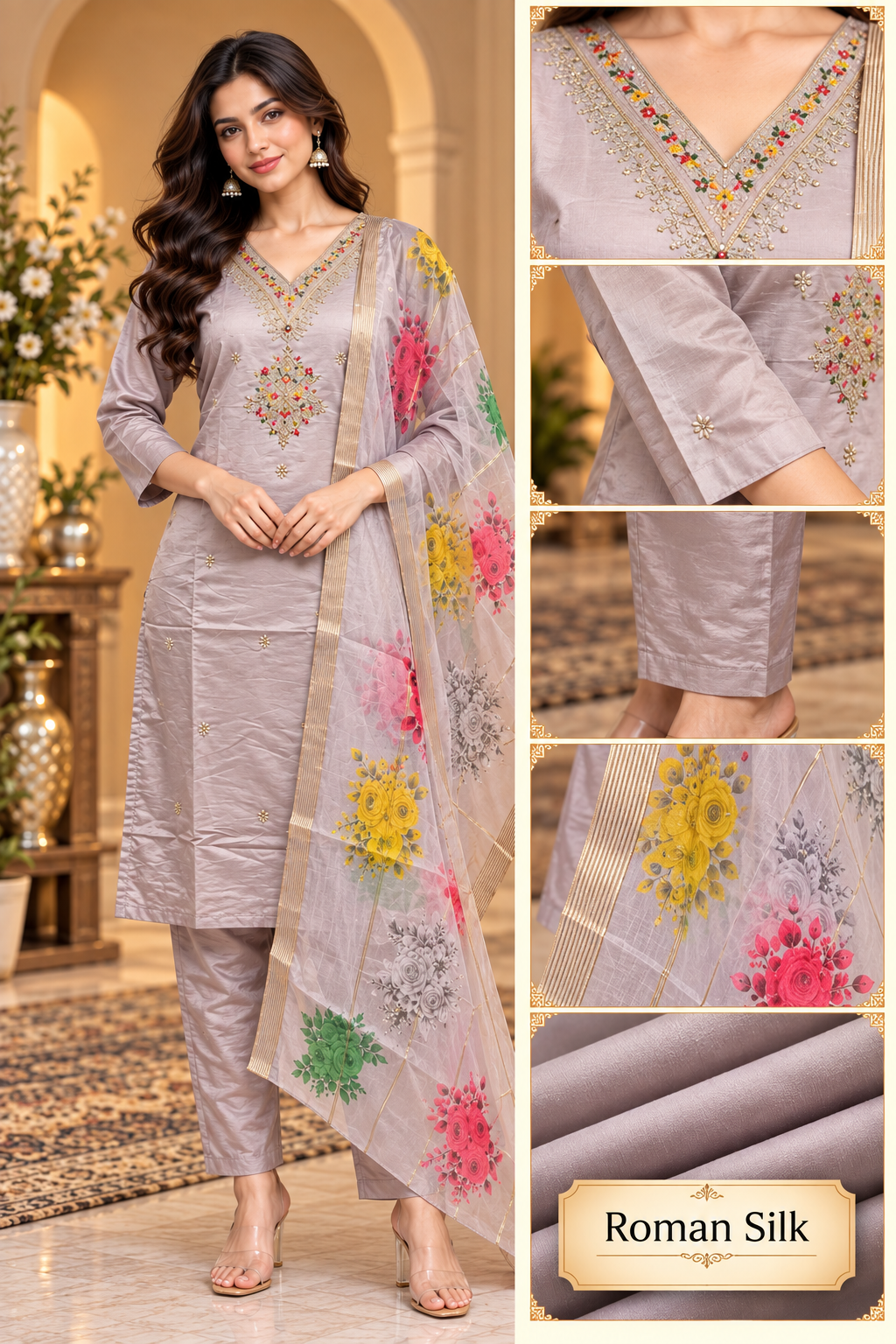 Mauve Grey Roman Silk 3-Piece Embroidered Suit Set with Floral Dupatta