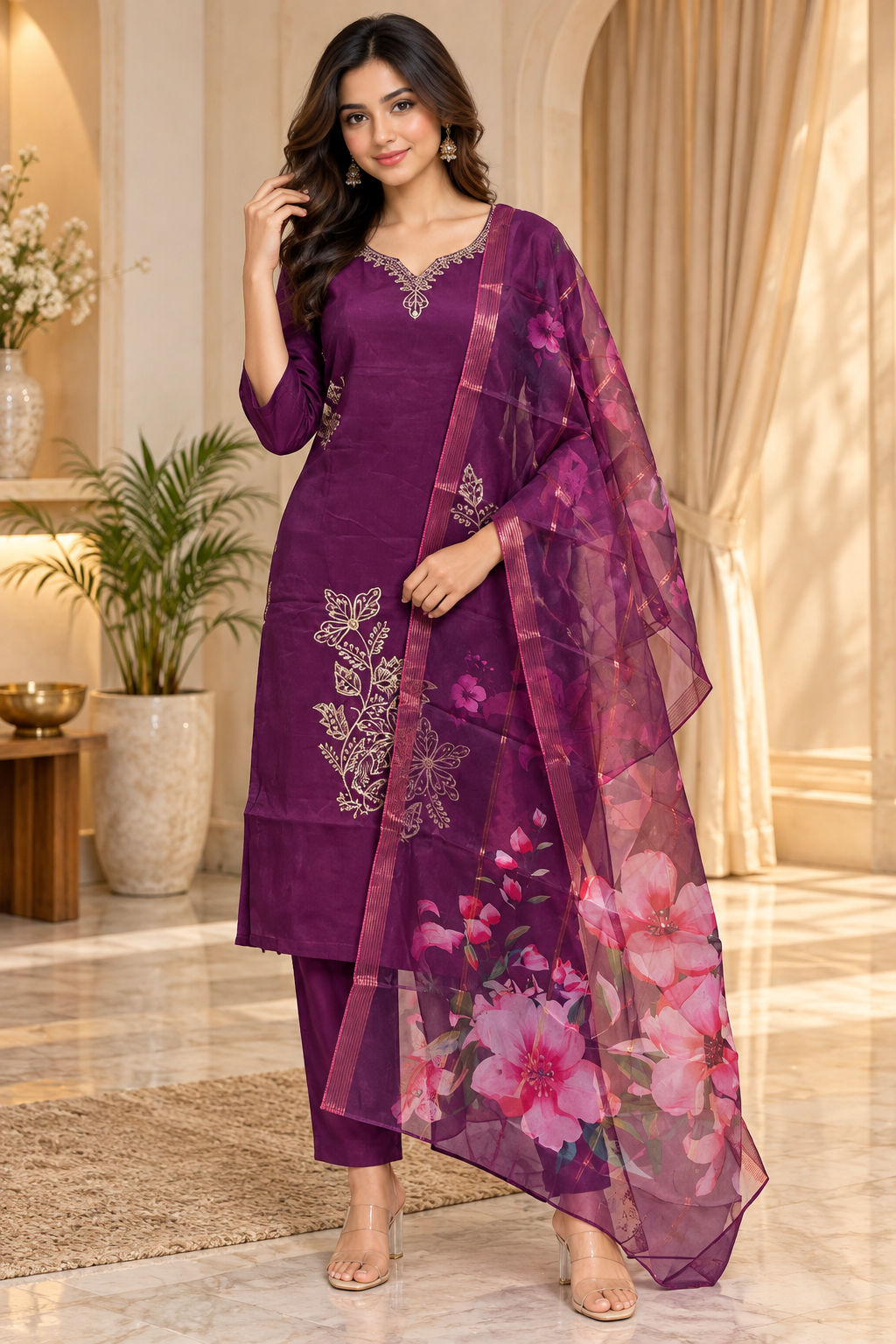Deep Plum 3-Piece Roman Silk Embroidered Suit Set with Floral Dupatta