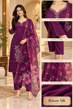 Deep Plum 3-Piece Roman Silk Embroidered Suit Set with Floral Dupatta