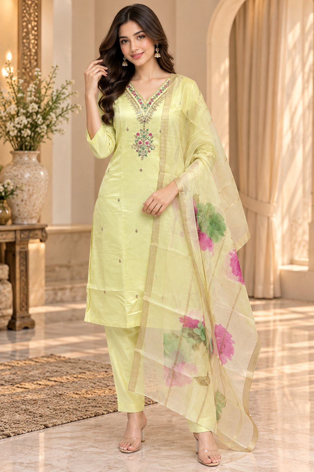 Pastel Lime Yellow Roman Silk 3-Piece Embroidered Suit Set with Floral Dupatta
