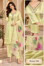 Pastel Lime Yellow Roman Silk 3-Piece Embroidered Suit Set with Floral Dupatta
