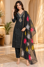 Black Roman Silk 3-Piece Embroidered Suit Set with Floral Dupatta
