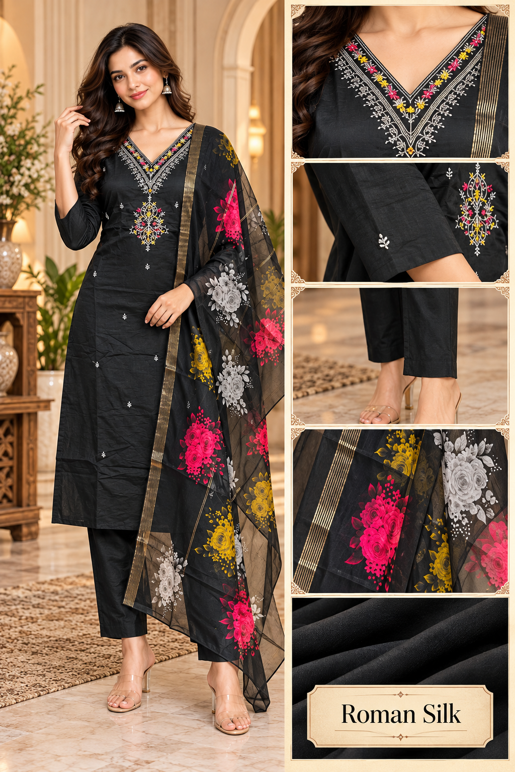 Black Roman Silk 3-Piece Embroidered Suit Set with Floral Dupatta