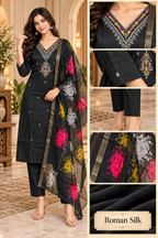 Black Roman Silk 3-Piece Embroidered Suit Set with Floral Dupatta