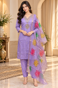 Lavender Roman Silk 3-Piece Embroidered Suit Set with Floral Dupatta