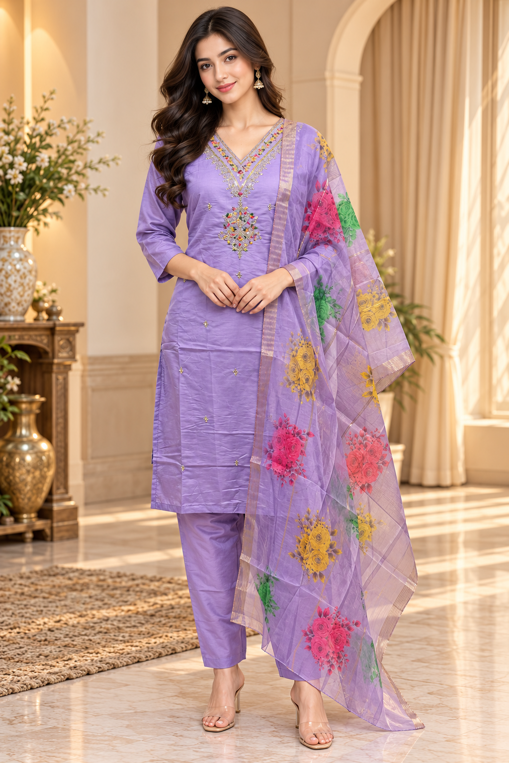 Lavender Roman Silk 3-Piece Embroidered Suit Set with Floral Dupatta