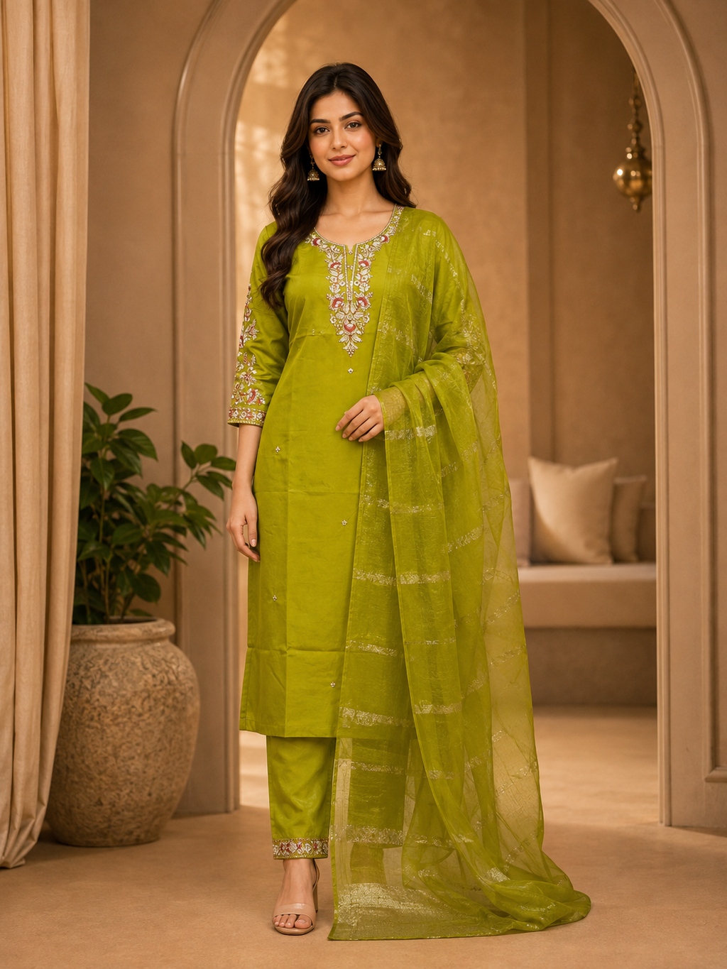 Olive Green Roman Silk Embroidered 3-Piece Ethnic Suit