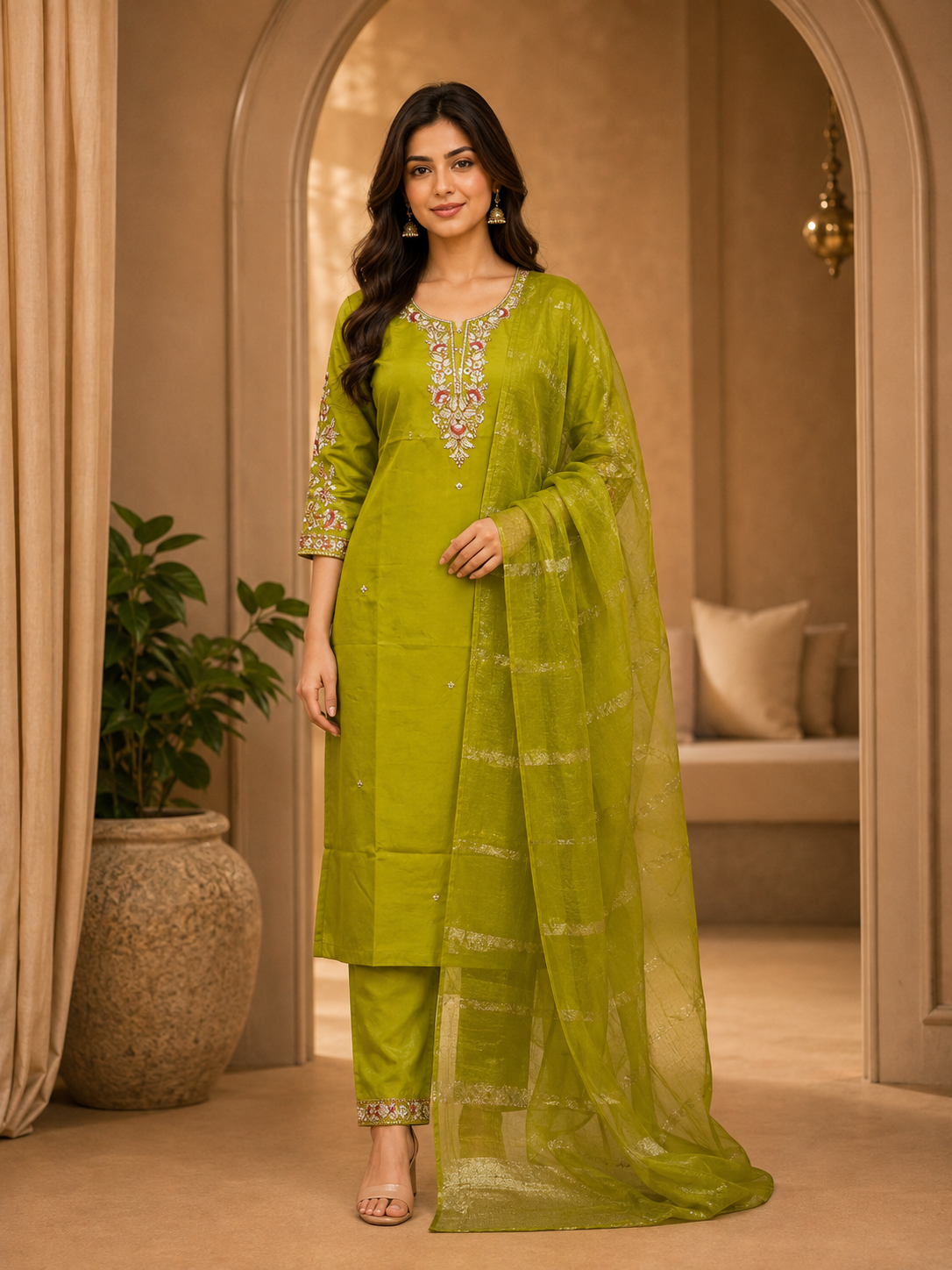 Olive Green Roman Silk Embroidered 3-Piece Ethnic Suit