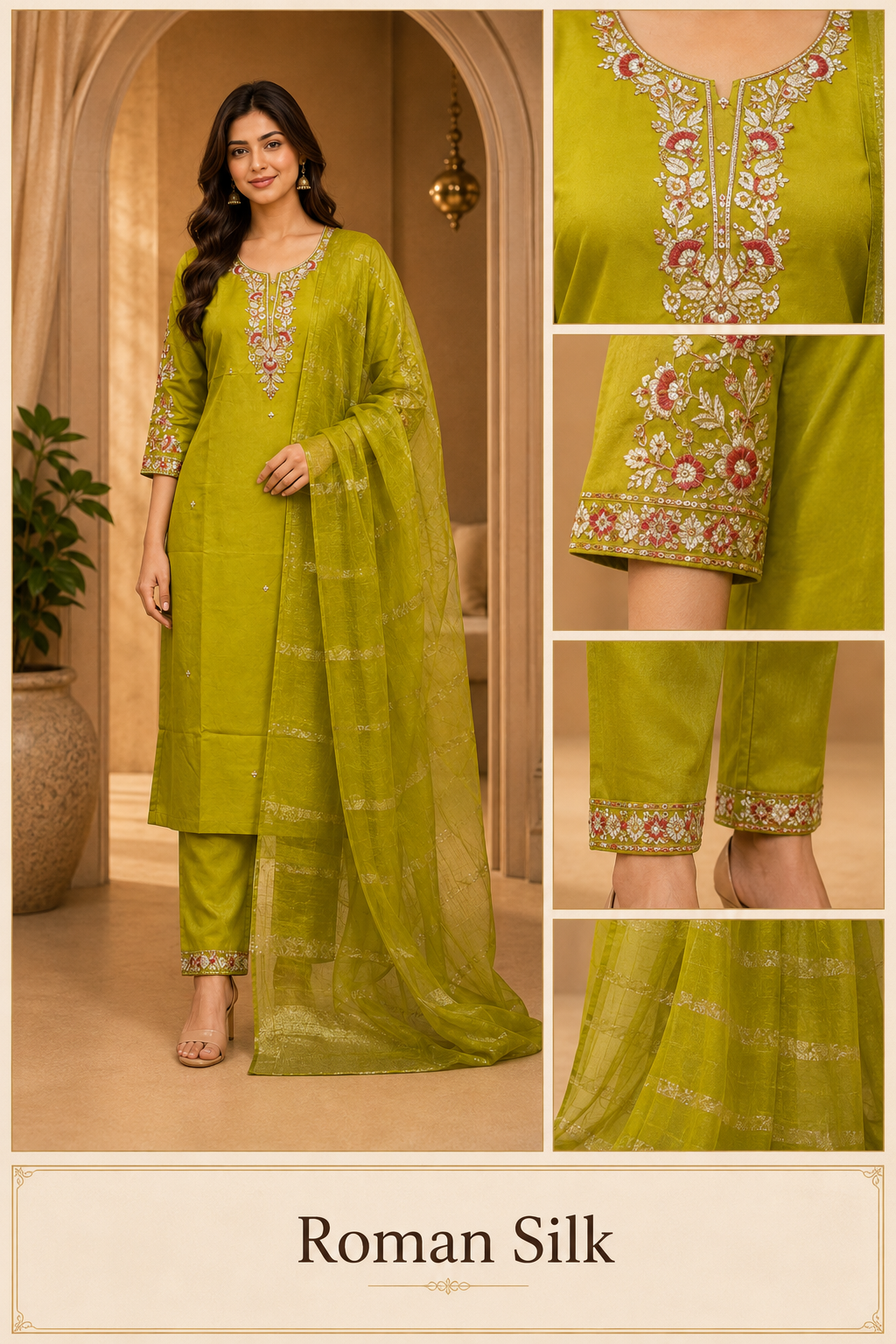 Olive Green Roman Silk Embroidered 3-Piece Ethnic Suit