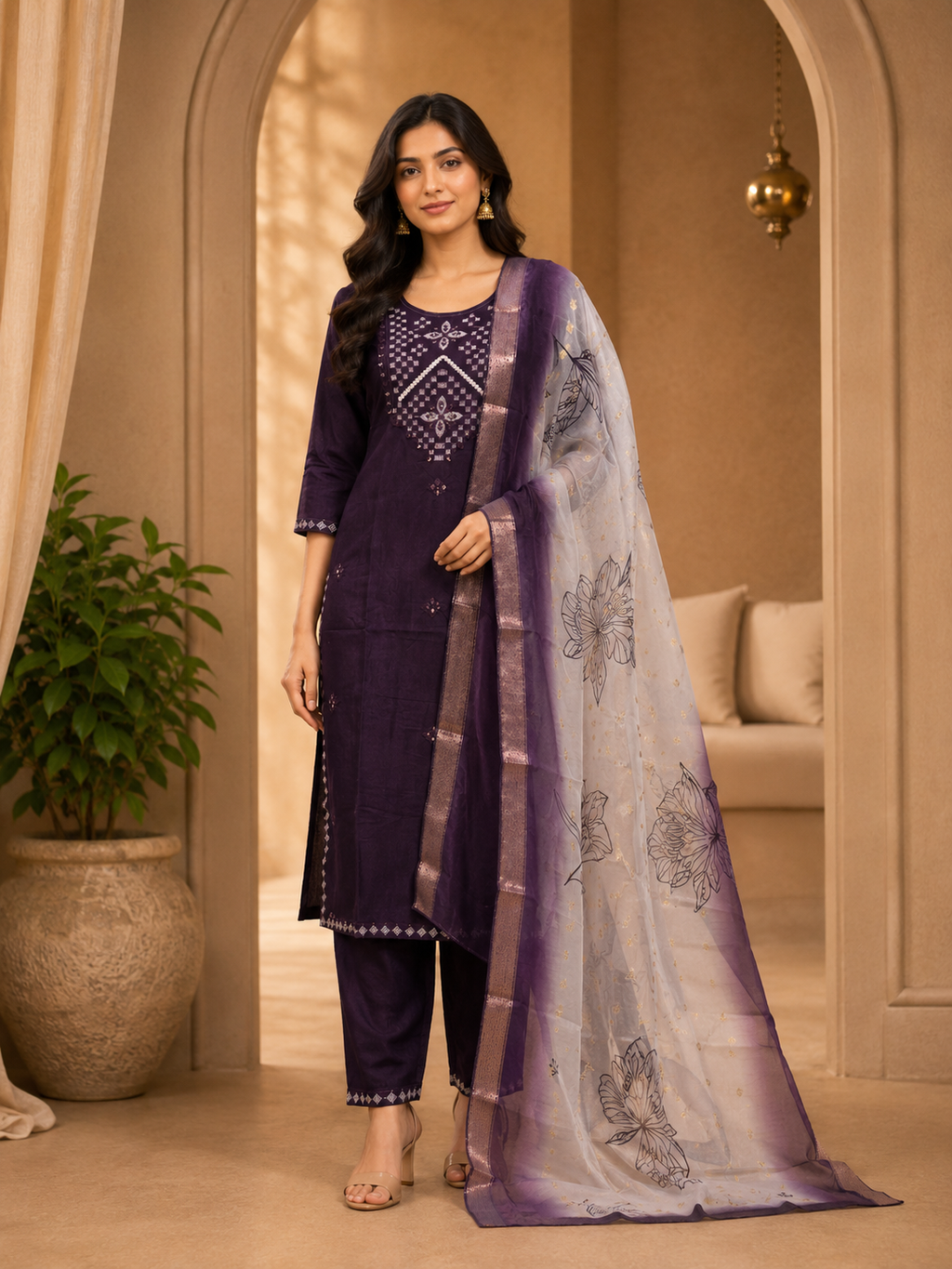 Deep Purple Roman Silk Embroidered 3-Piece Ethnic Suit