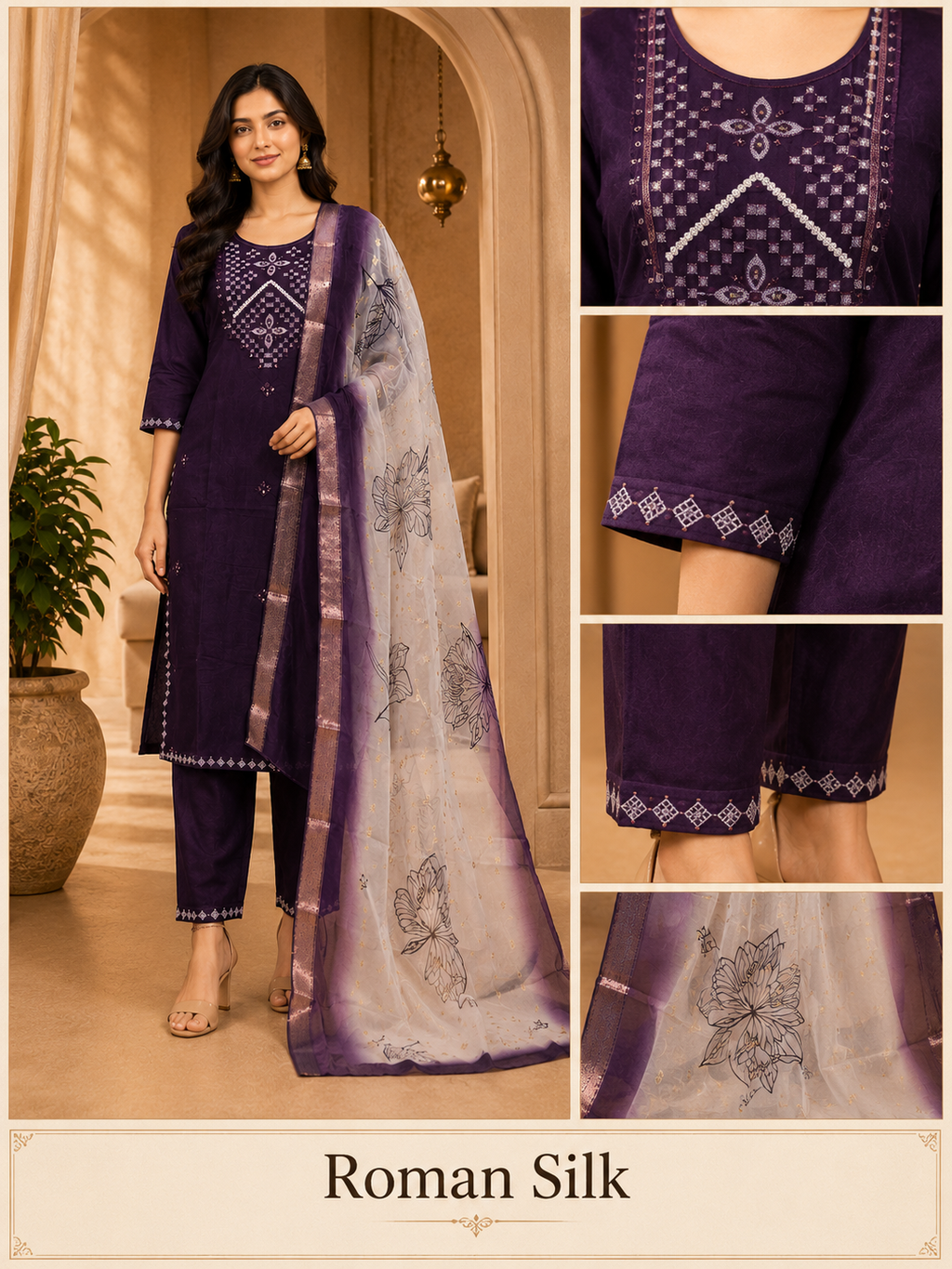 Deep Purple Roman Silk Embroidered 3-Piece Ethnic Suit