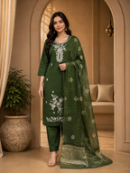 Emerald Green Roman Silk Embroidered 3-Piece Ethnic Suit Set