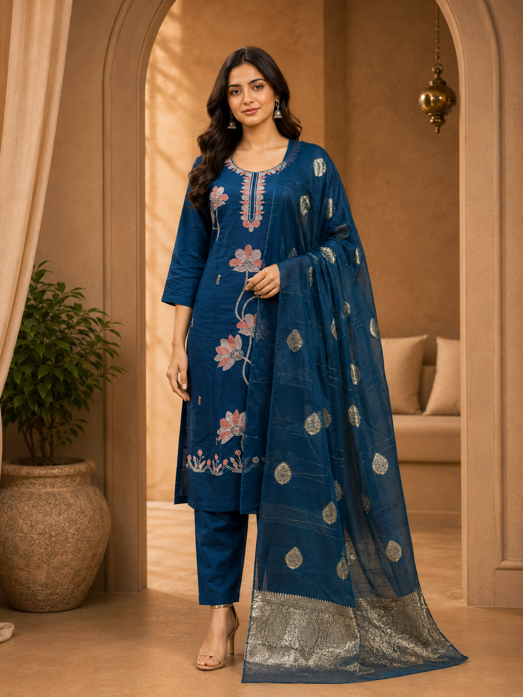 Navy Blue Roman Silk Embroidered 3-Piece Ethnic Suit