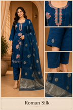 Navy Blue Roman Silk Embroidered 3-Piece Ethnic Suit