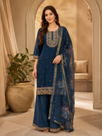 Navy Blue Roman Silk Embroidered 3-Piece Ethnic Suit