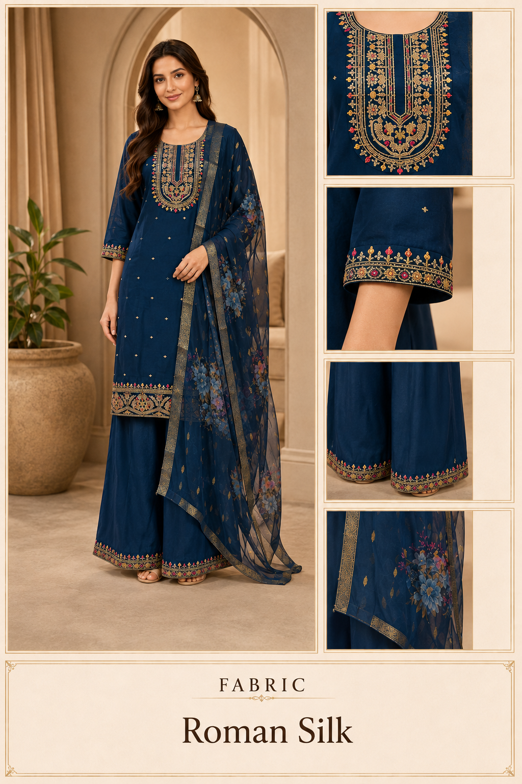 Navy Blue Roman Silk Embroidered 3-Piece Ethnic Suit