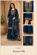 Navy Blue Roman Silk Embroidered 3-Piece Ethnic Suit
