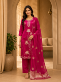 Magenta Pink Roman Silk Embroidered 3-Piece Ethnic Suit
