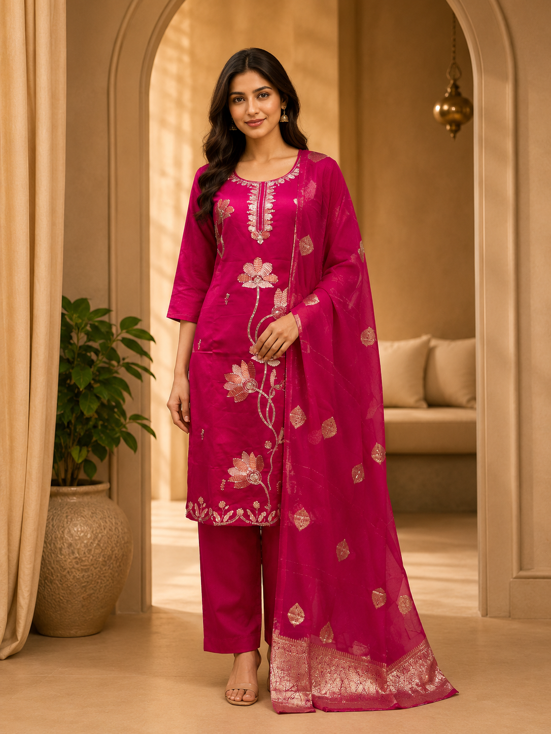 Magenta Pink Roman Silk Embroidered 3-Piece Ethnic Suit