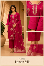 Magenta Pink Roman Silk Embroidered 3-Piece Ethnic Suit
