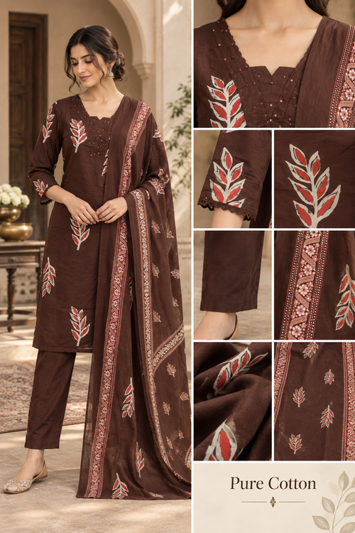 Chocolate Brown Pure Cotton 3-Piece Suit | Printed Kurti, Pant & Dupatta