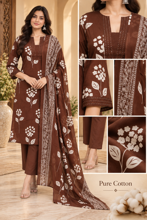 Brown Pure Cotton 3-Piece Suit – Floral Printed Kurti with Pant & Dupatta