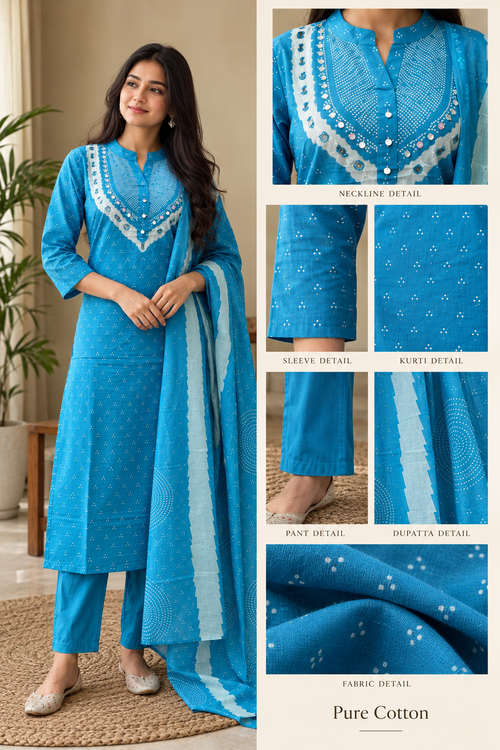 Bright Turquoise Pure Cotton 3-Piece Suit | Printed Kurti, Pant & Dupatta Set