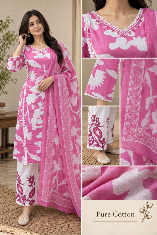 Bright Pink Pure Cotton 3-Piece Suit with White Floral Print | Kurti, Pant & Dupatta Set