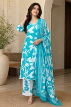 Teal Blue & White Pure Cotton 3-Piece Suit | Floral Print Kurti, Pant & Dupatta