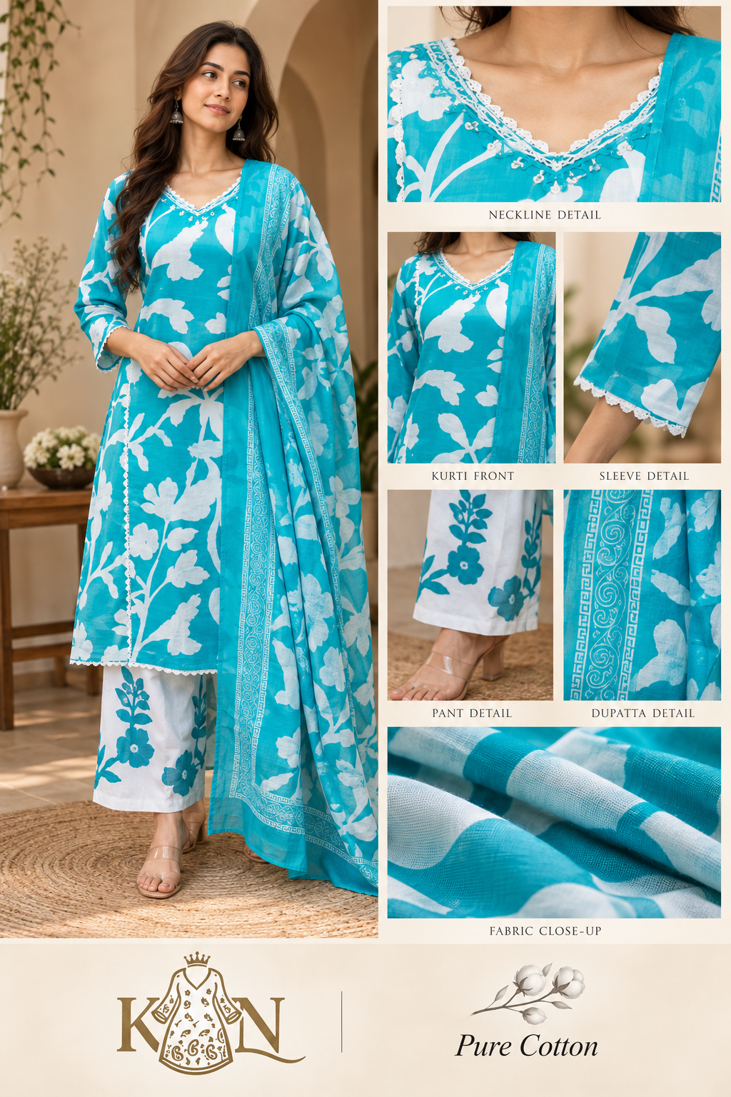 Teal Blue & White Pure Cotton 3-Piece Suit | Floral Print Kurti, Pant & Dupatta