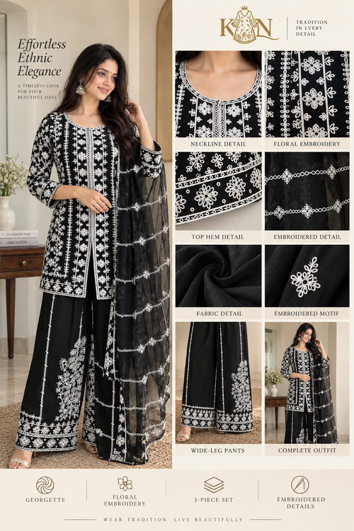 Black & White Floral Embroidered Georgette 3-Piece Ethnic Set