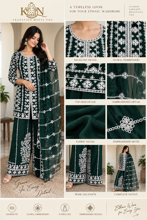 Dark Green Floral Embroidered Georgette 3-Piece Ethnic Set