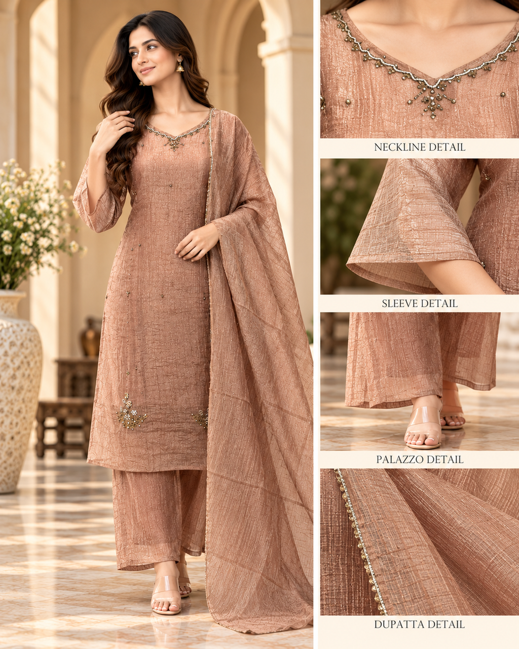 Peach Rose Salsa Printed 3-Piece Set with Palazzo