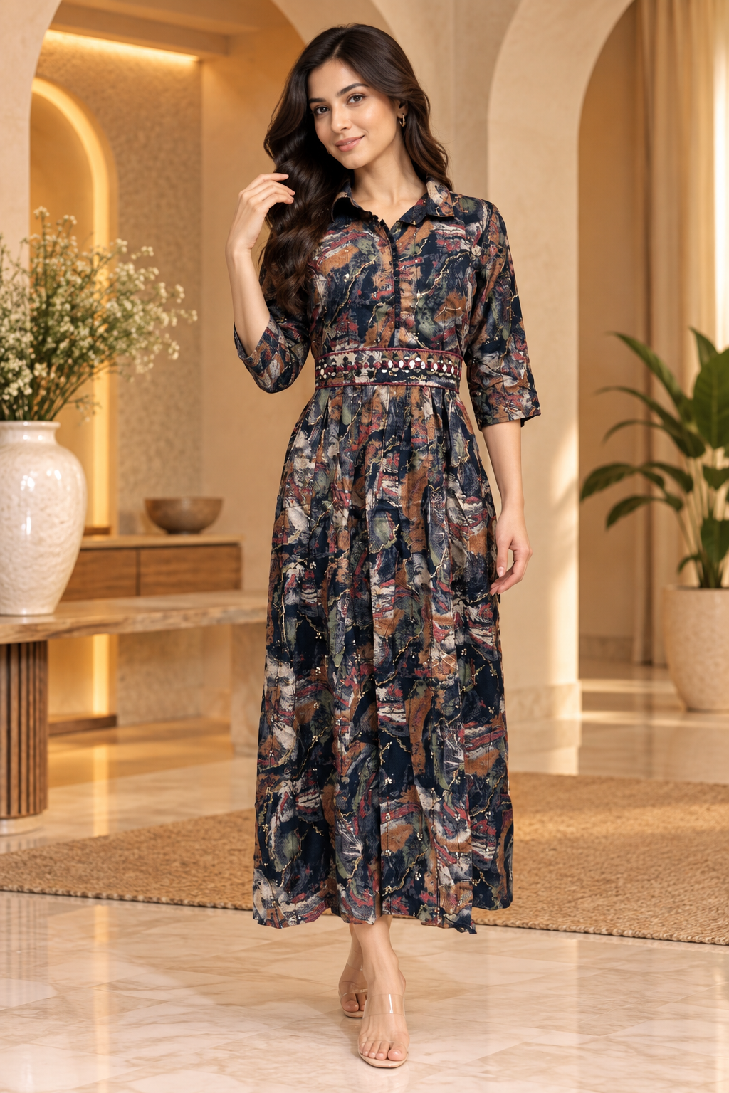 Navy Blue Printed Reyon/Rayon Round Kurti – Abstract Print 1-Piece Kurti