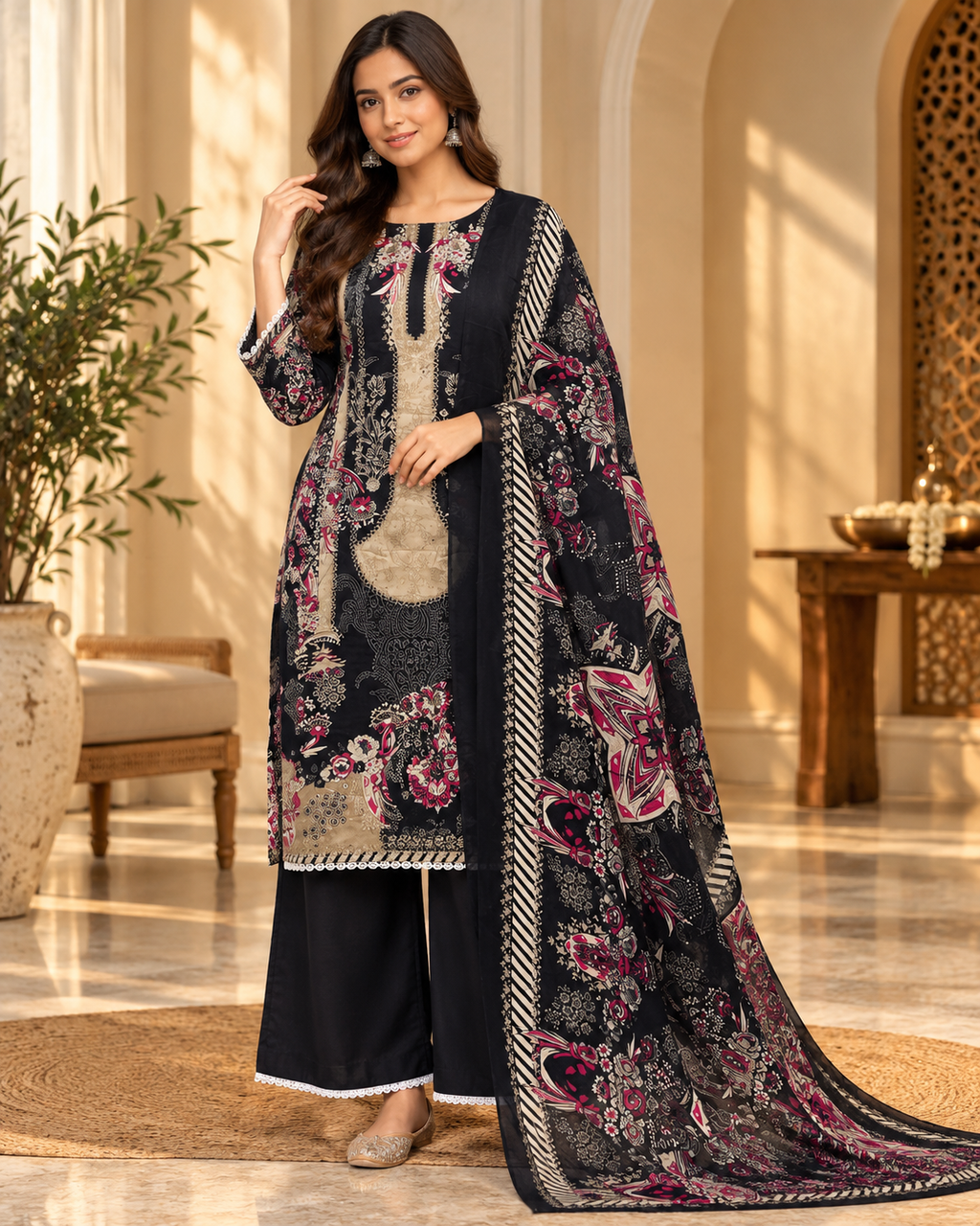 Black Floral Print Cotton 3-Piece Set with Palazzo