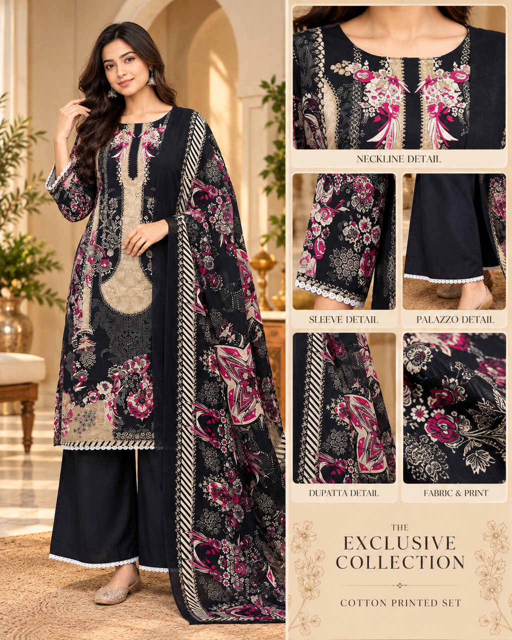 Black Floral Print Cotton 3-Piece Set with Palazzo