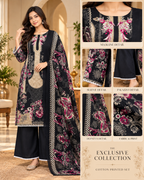 Black Floral Print Cotton 3-Piece Set with Palazzo