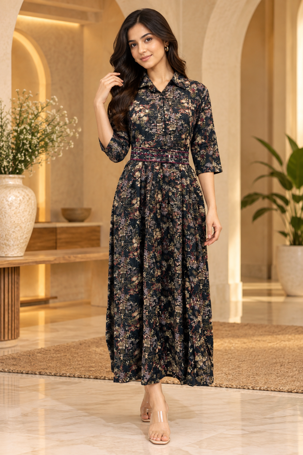 Black Printed Reyon/Rayon Round Kurti – Floral Print 1-Piece Kurti