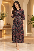 Black Printed Reyon/Rayon Round Kurti – Floral Print 1-Piece Kurti