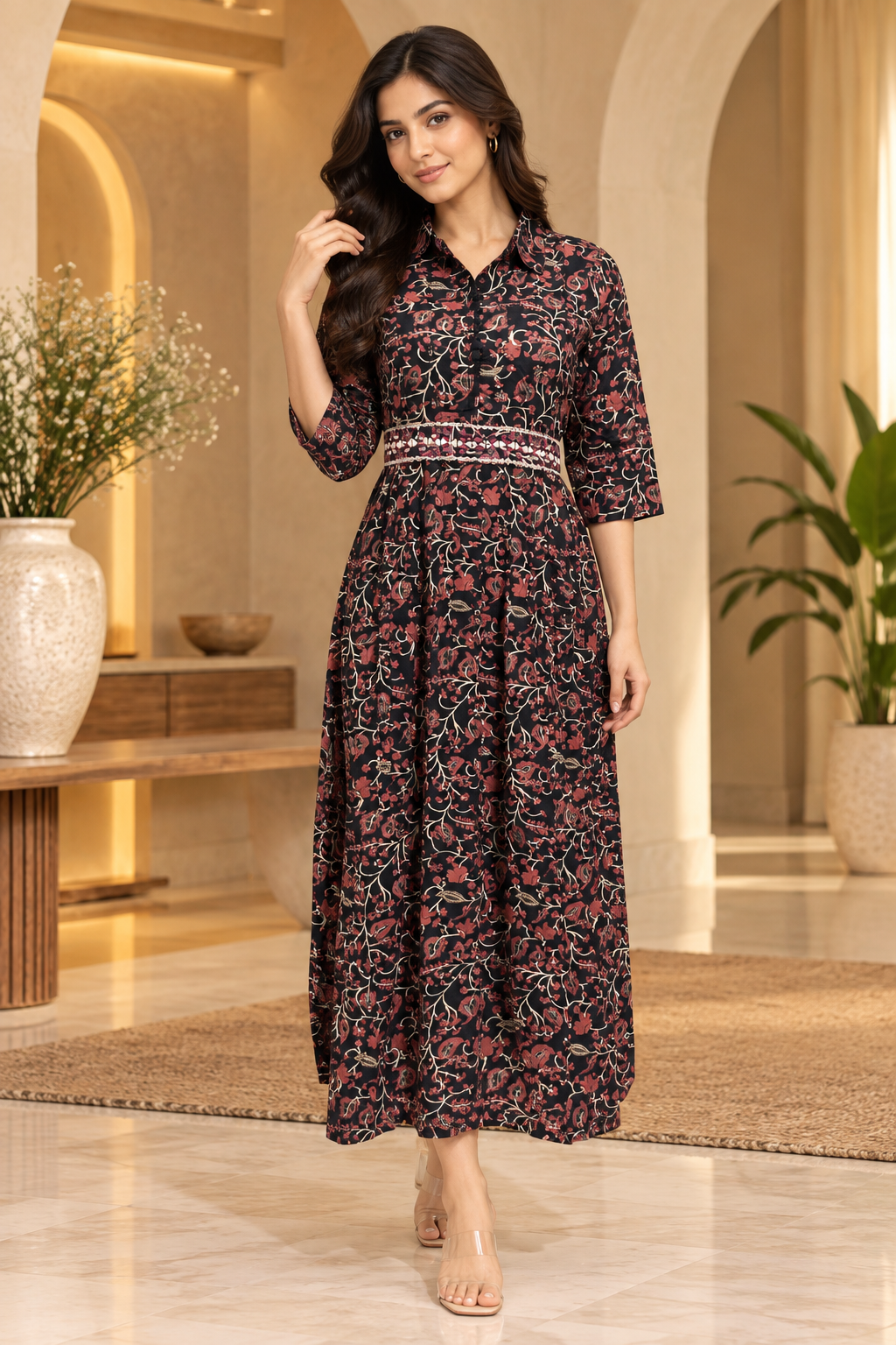 Black Printed Reyon/Rayon Round Kurti – Floral Print 1-Piece Kurti