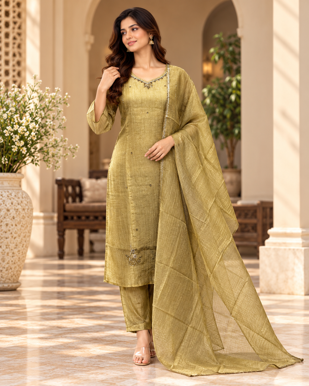 Mustard Gold Salsa Printed 3-Piece Set with Palazzo